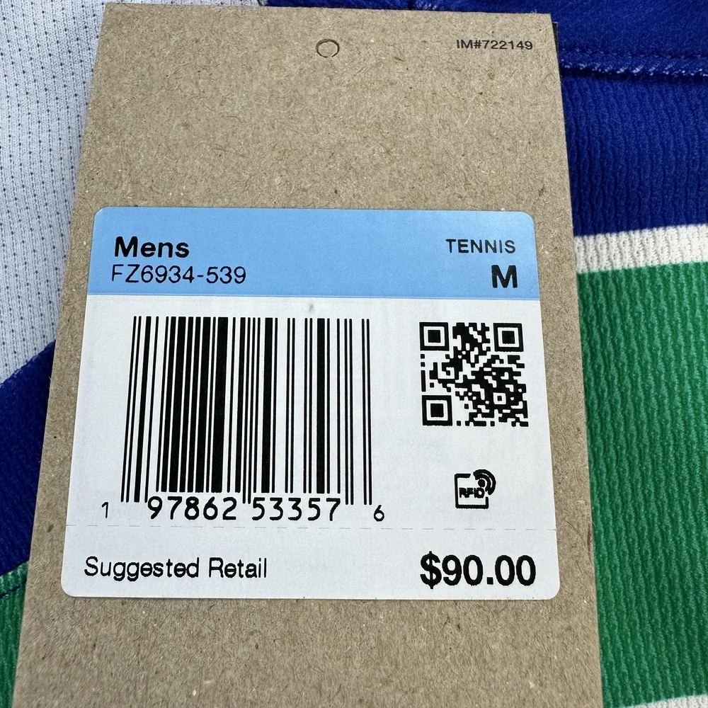 Nike Court Dri-FIT ADV Tennis Shirt Mens Medium Blue Green Striped FZ6934-539